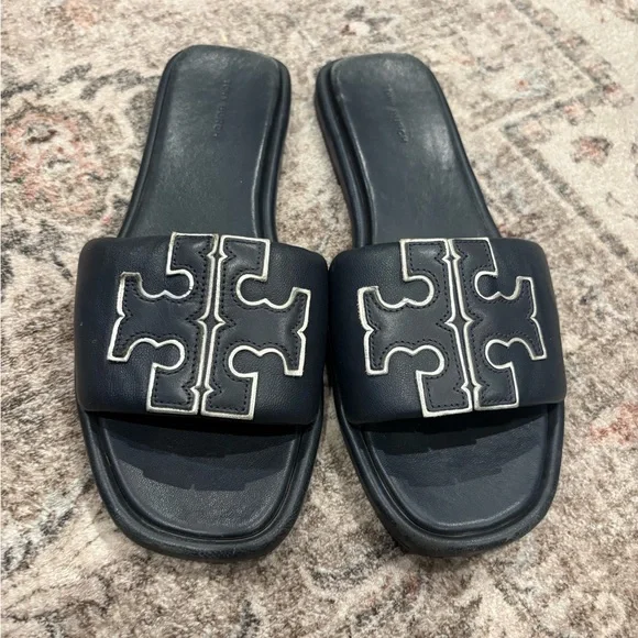Tory Burch Black Slide Sandals with Silver Accent - Picture 1 of 4